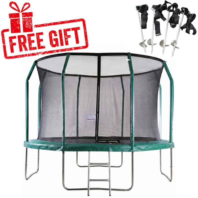 Mako Bounce 12ft Trampoline with Safety Enclosure - Free Ladder & Anchor Kit - Green