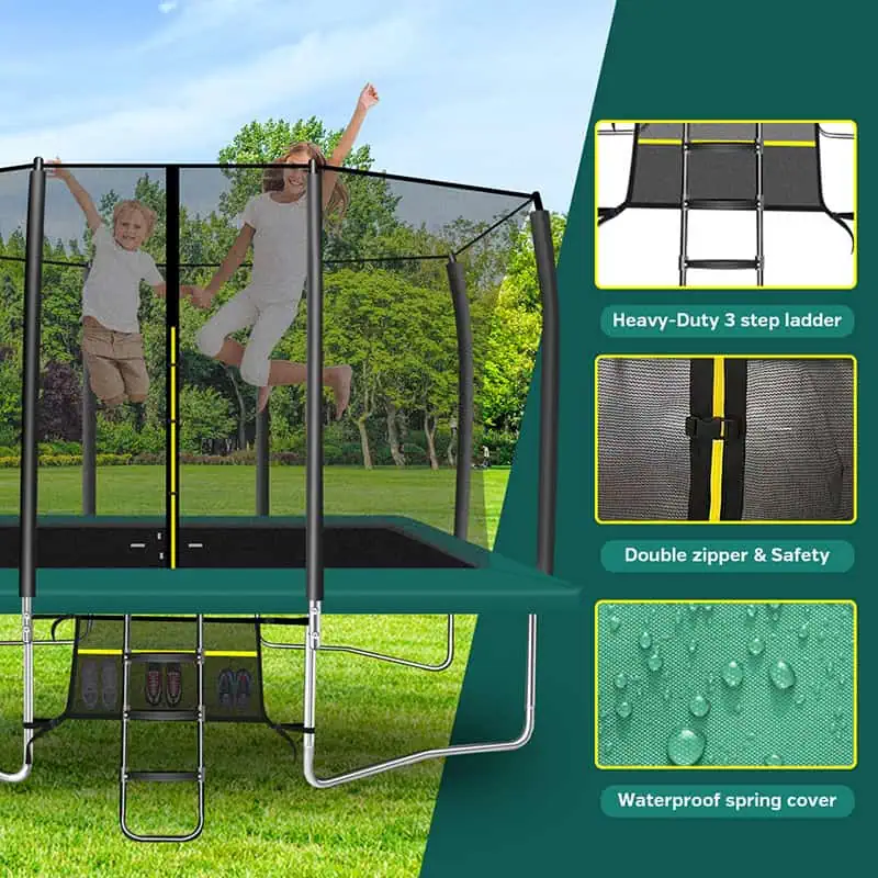 9x14ft Rectangular Trampoline with Safety Enclosure Green – Free Ladder & Shoe Tidy