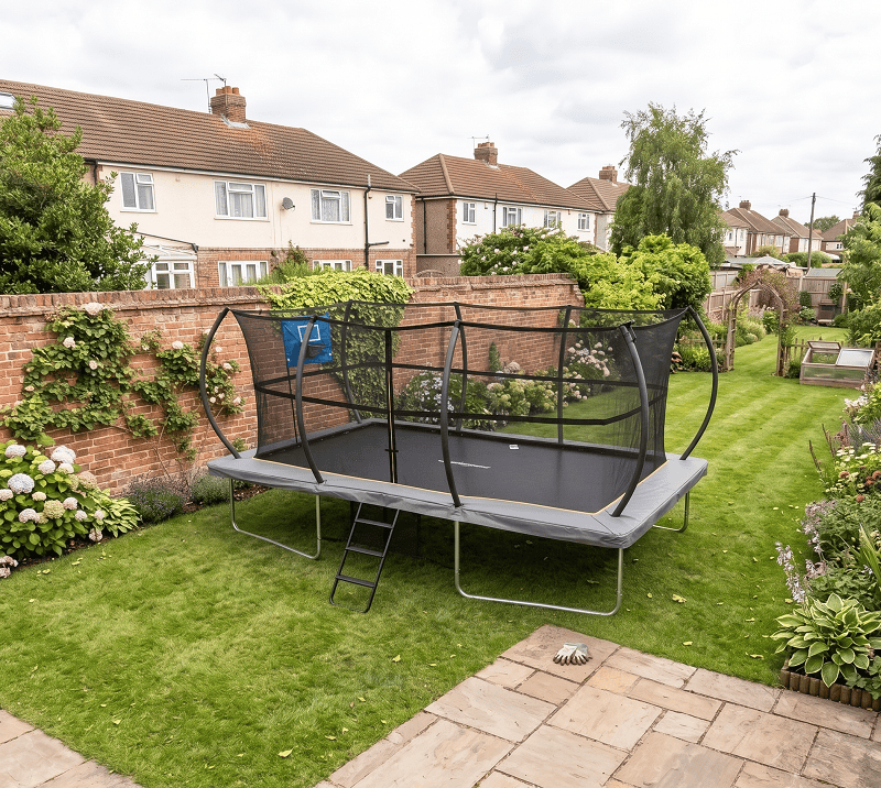 Mako Bounce 9x14ft Rectangular Trampoline with Safety Enclosure Grey - Free Ladder Shoe Tidy Anchor Kit Basketball