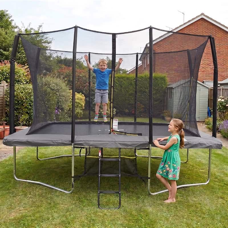 Mako Max 9x14ft Rectangular Trampoline with Safety Enclosure Grey – Free Ladder & Shoe Tidy