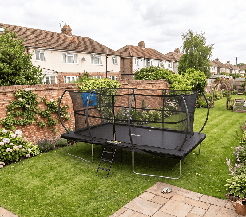 Mako Bounce 9x14ft Rectangular Trampoline with Safety Enclosure Black - Free Ladder Shoe Tidy Anchor Kit Basketball