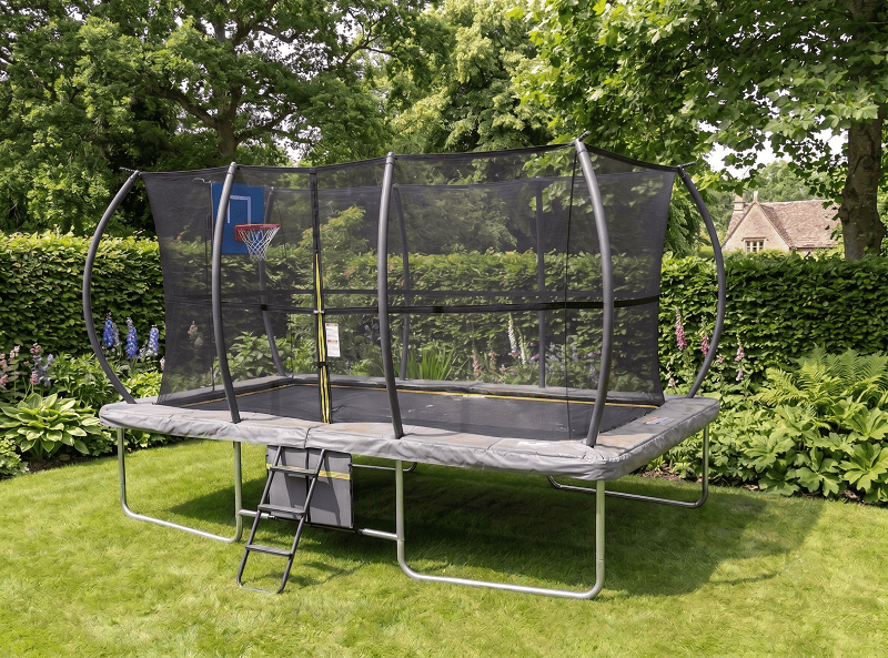 Mako Bounce 8x12ft Rectangular Trampoline with Safety Enclosure Grey - Free Ladder Shoe Tidy Anchor Kit Basketball