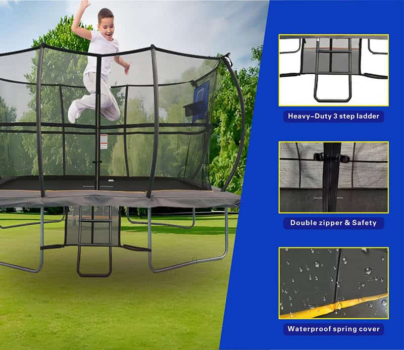 5x7ft Rectangular Trampoline with Safety Enclosure Grey - Free Ladder Shoe Tidy Anchor Kit Basketball
