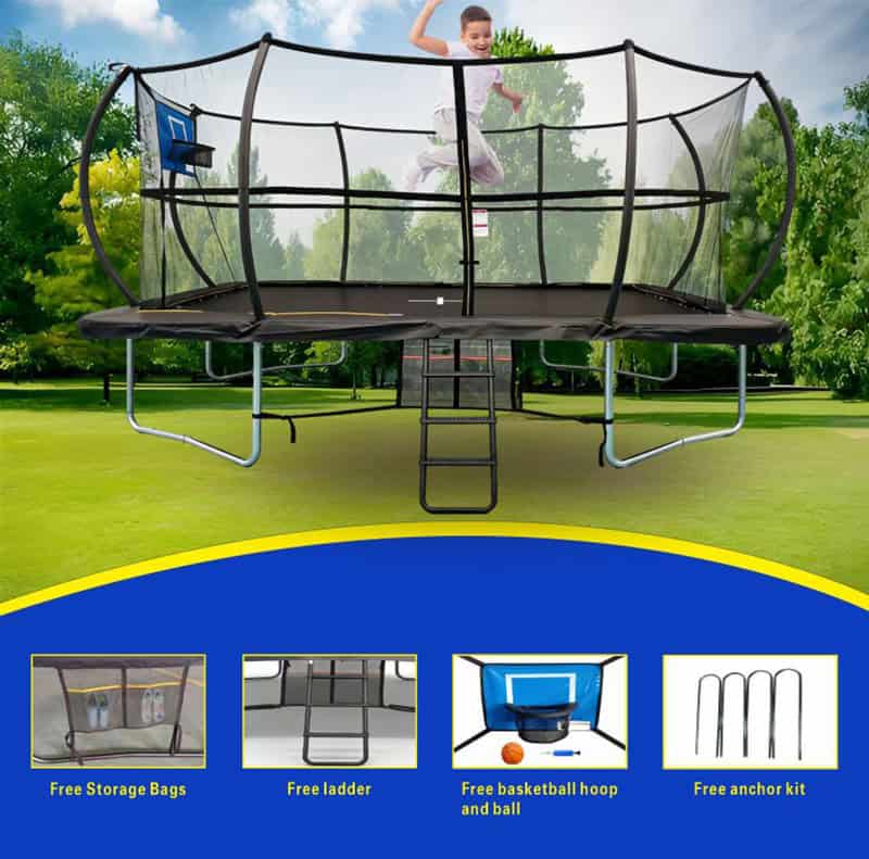8x12ft Rectangular Trampoline with Safety Enclosure Black - Free Ladder Shoe Tidy Anchor Kit Basketball