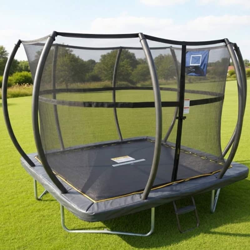 Mako Bounce 5x7ft Rectangular Trampoline with Safety Enclosure Grey - Free Ladder Shoe Tidy Anchor Kit Basketball - Image 3