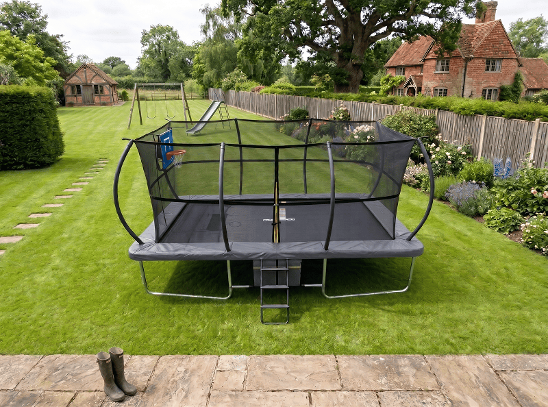 Mako Bounce 10x17ft Rectangular Trampoline with Safety Enclosure Grey - Free Ladder Shoe Tidy Anchor Kit Basketball