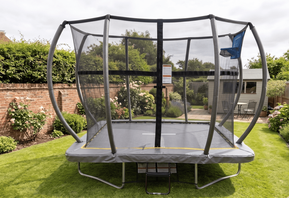 Mako Bounce 5x7ft Rectangular Trampoline with Safety Enclosure Grey - Free Ladder Shoe Tidy Anchor Kit Basketball