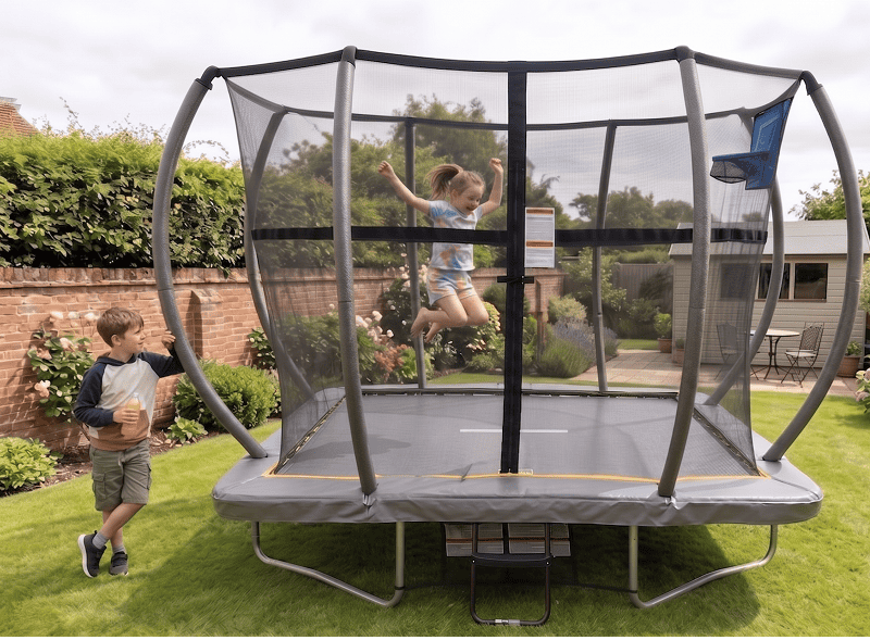 Mako Bounce 5x7ft Rectangular Trampoline with Safety Enclosure Grey - Free Ladder Shoe Tidy Anchor Kit Basketball - Image 11