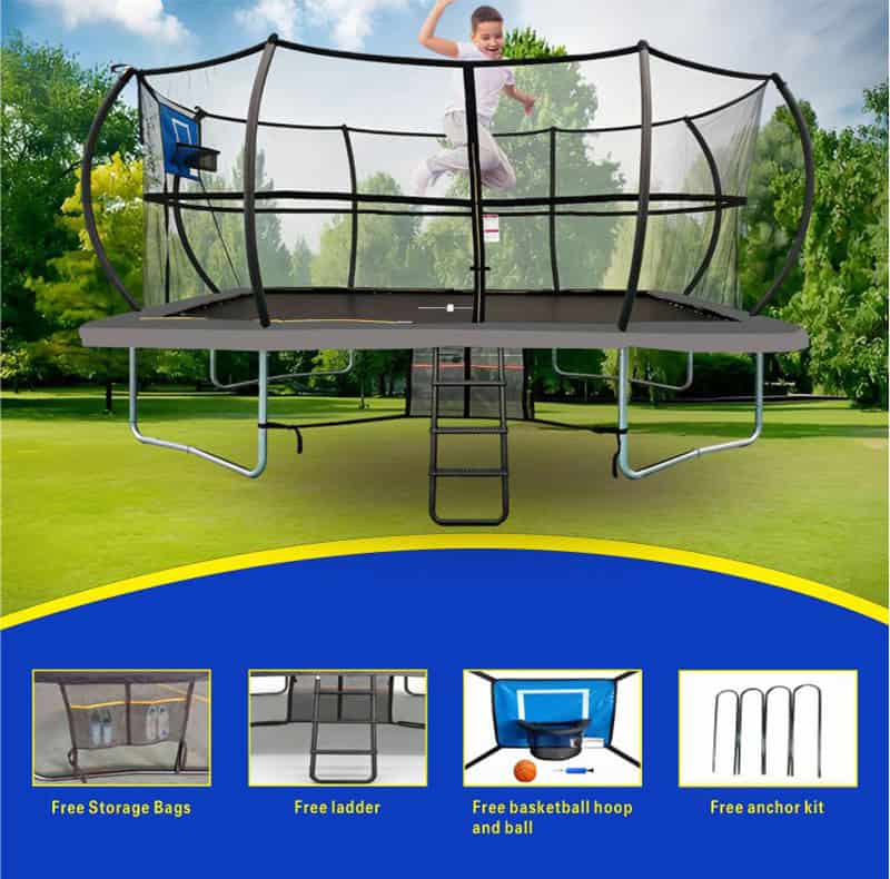 10x17ft Rectangular Trampoline with Safety Enclosure Grey - Free Ladder Shoe Tidy Anchor Kit Basketball