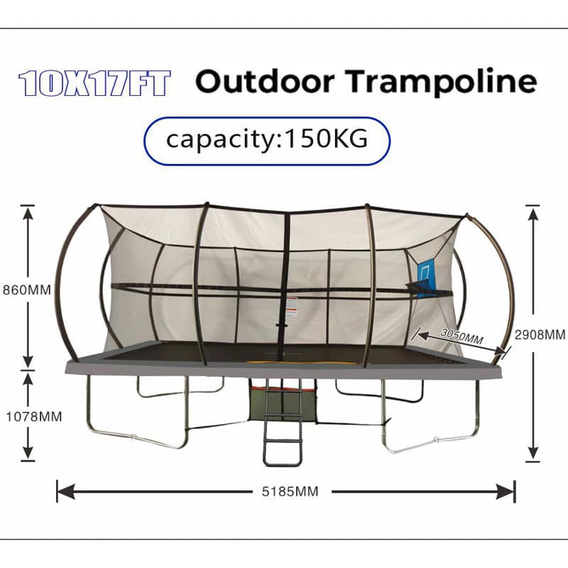 10x17ft Rectangular Trampoline with Safety Enclosure Grey - Free Ladder Shoe Tidy Anchor Kit Basketball
