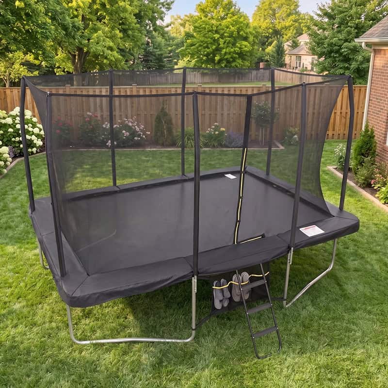 Mako Max 9x14ft Rectangular Trampoline with Safety Enclosure Black – Free Ladder & Shoe Tidy