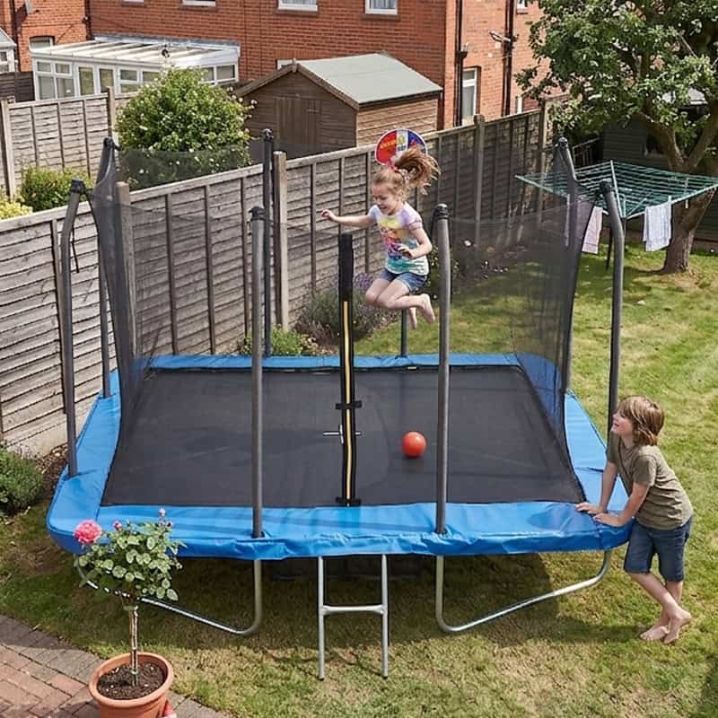 5x7ft Rectangular Trampoline with Safety Enclosure Blue FREE Ladder Basketball Game & Shoe Tidy