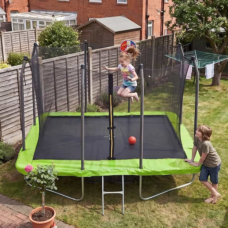 Big Air 5x7ft Rectangular Trampoline with Safety Enclosure Green FREE Ladder Basketball Game & Shoe Tidy
